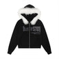 Sudadera con capucha y cuello de piel desmontable Estampado de letras con remaches decorativos