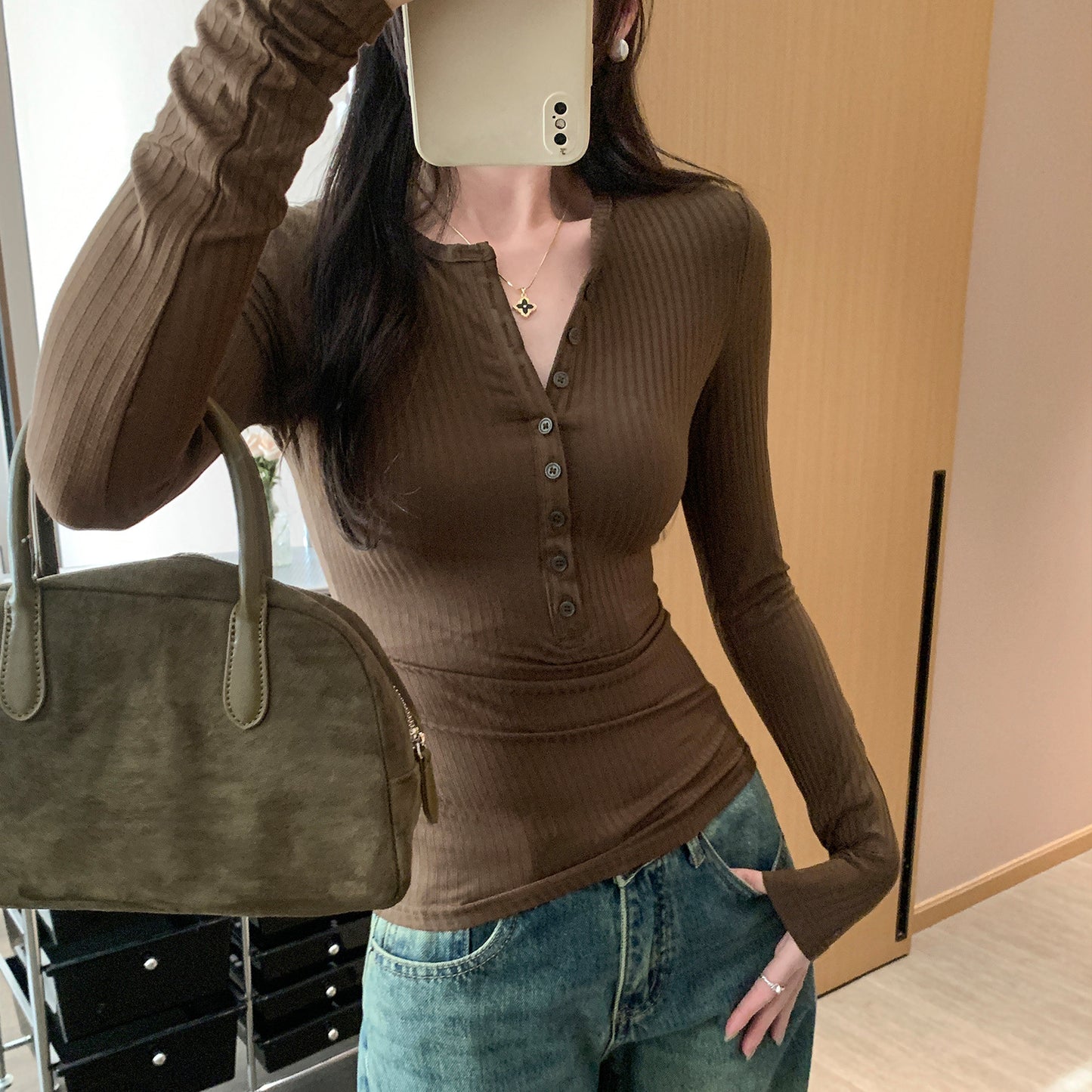 Chic Henley Shirt Slim Fit Inner Layer Top for Women