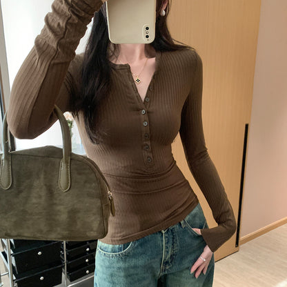 Chic Henley Shirt Slim Fit Inner Layer Top for Women
