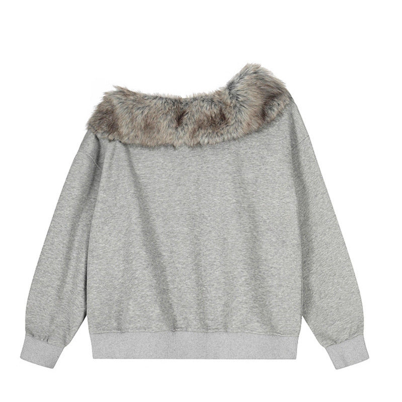Digital Print Faux Fur Collar Shoulder Hoodie Casual Loose Oversized Short