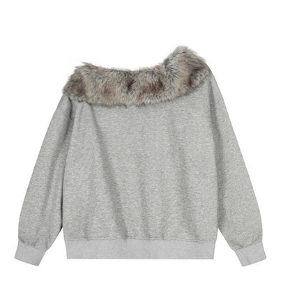Digital Print Faux Fur Collar Shoulder Hoodie Casual Loose Oversized Short
