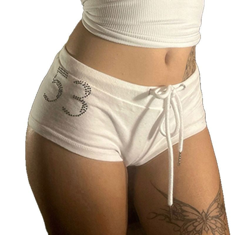 Digital rhinestone drawstring tied low waist hot pants