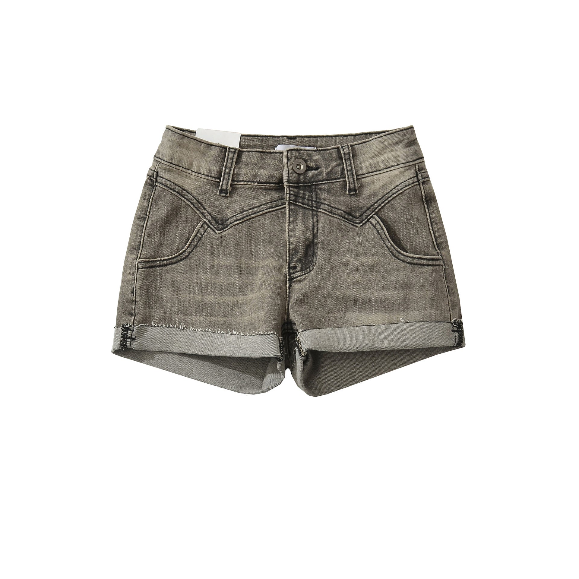 Double-Layer Cuffed Vintage Distressed Denim Shorts A-Line Low Waist Pants