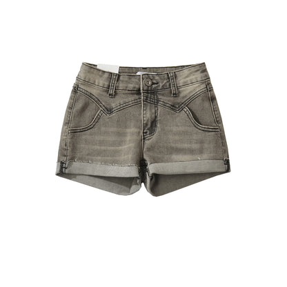 Shorts de mezclilla vintage desgastados de doble capa con bajo y tiro bajo en línea A
