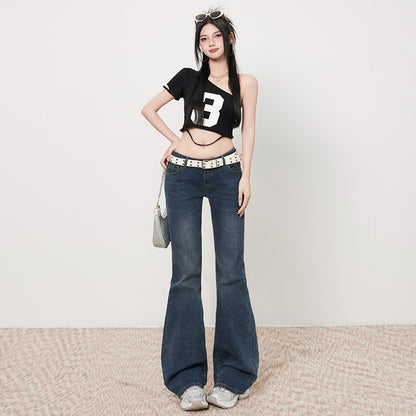 Pantalones de mujer grises de tiro bajo de corte trompeta ajustados