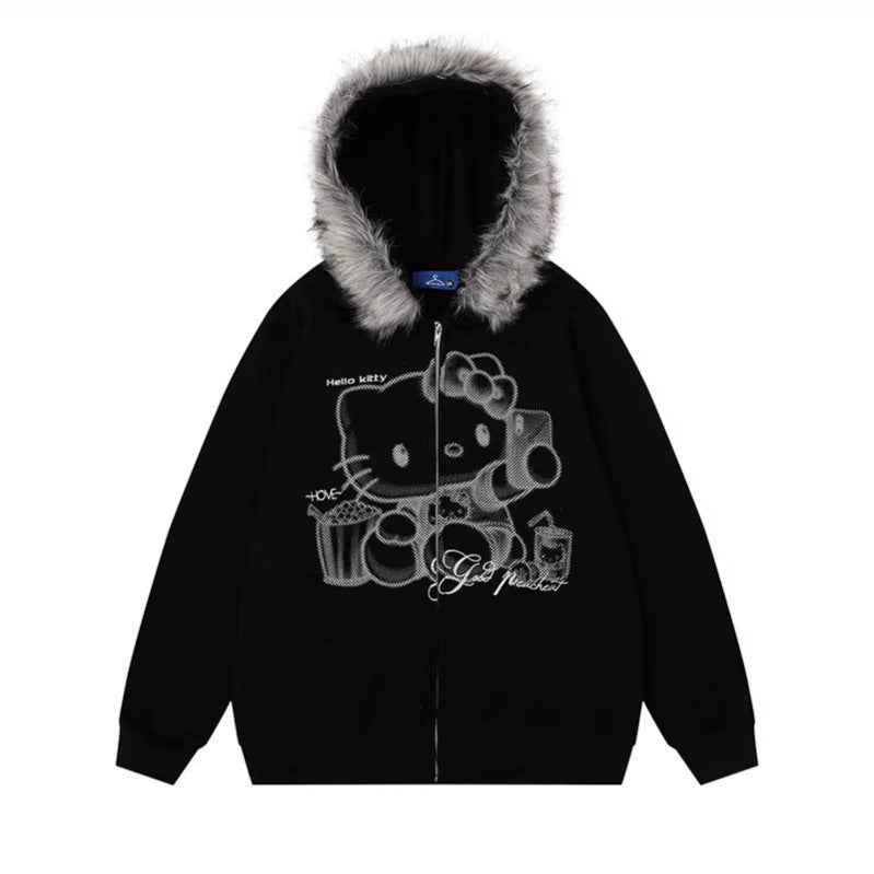 Faux Fur Hooded Sweatshirt Coat  Loose Fit Thickened Hoodie