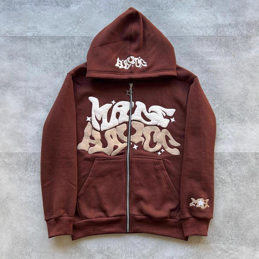 Sudadera con capucha y cremallera con estampado digital, estilo streetwear, Y2K, gótico, punk, hip-hop