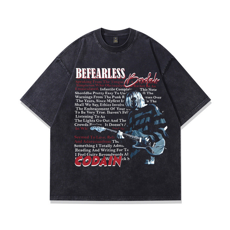 High Street Vintage Washed Retro Band Print Oversized Short Sleeve T-Shirt for Men and Women