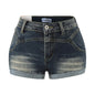 Shorts de mezclilla vintage desgastados de doble capa con bajo y tiro bajo en línea A