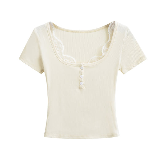 Lace Trim Fitted Short Sleeve T-Shirt