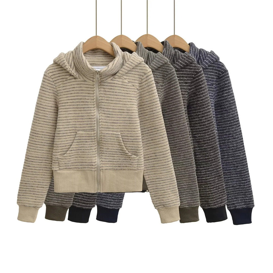 Retro Stripe Hooded Zip-Up Jacket for Women, Fuzzy Pocket, Stretchy Slim Fit Cardigan Top