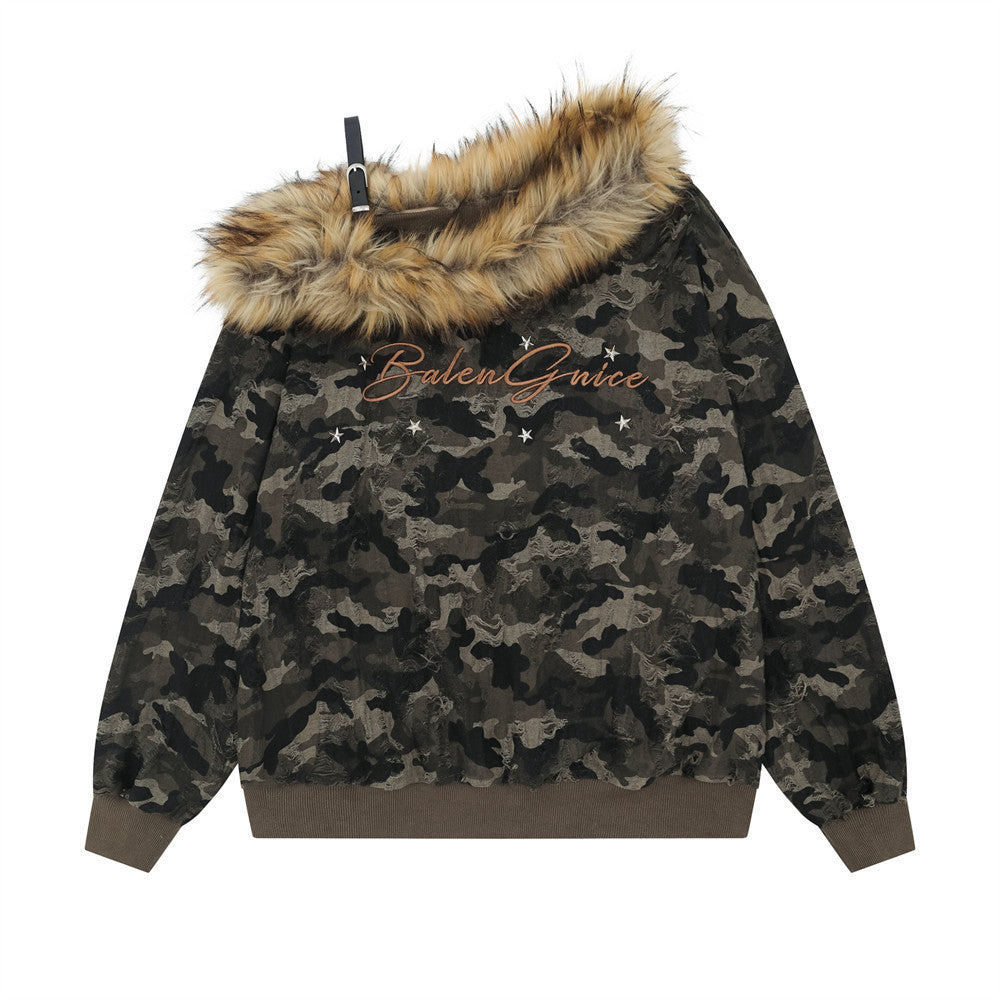 Neck Hoodie  Design with Detachable Fur Collar Casual Top