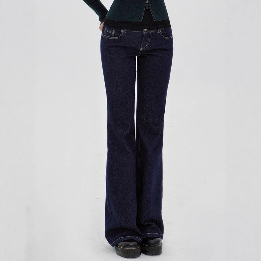 Low-Waist Original Color Straight Leg Flared Denim Jeans with Stretch,  Waist-Defining Long Pants