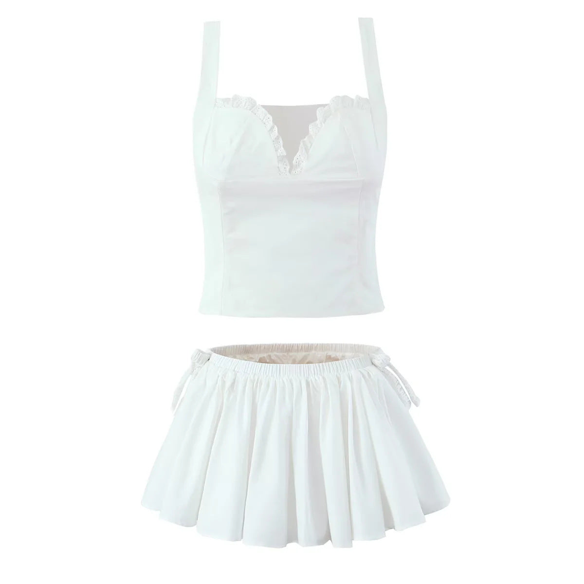 V-neck lace short camisole vest+elastic waist anti glare mini skirt two-piece set