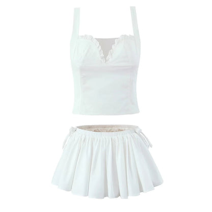 V-neck lace short camisole vest+elastic waist anti glare mini skirt two-piece set