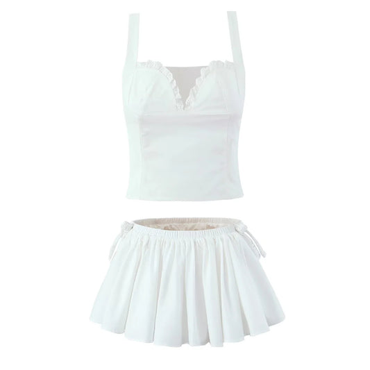 Conjunto de dos piezas de top corto de tirantes de encaje con cuello de pico + minifalda antideslumbrante de cintura elástica