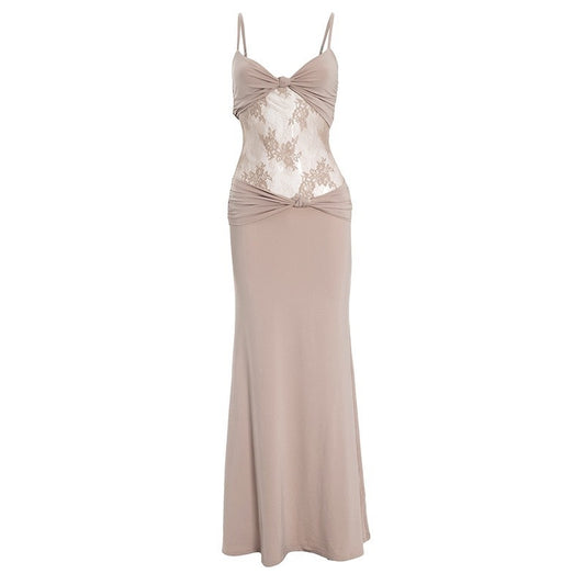 Vestido Lencero de Encaje Transparente Ajustado Largo