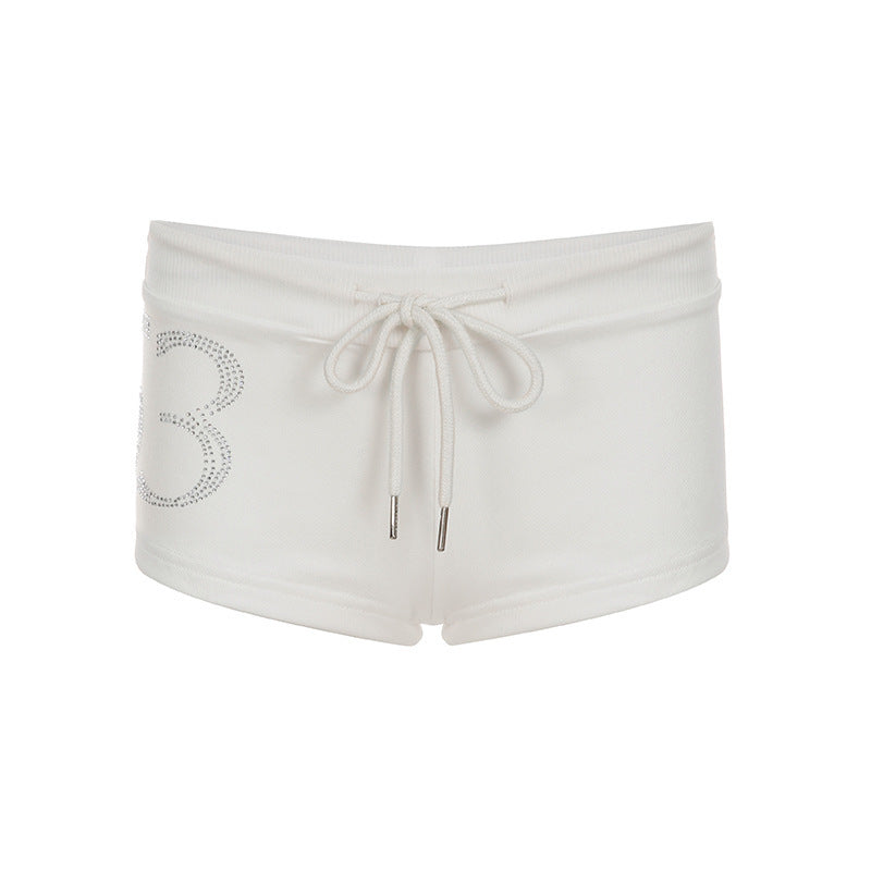 Digital rhinestone drawstring tied low waist hot pants