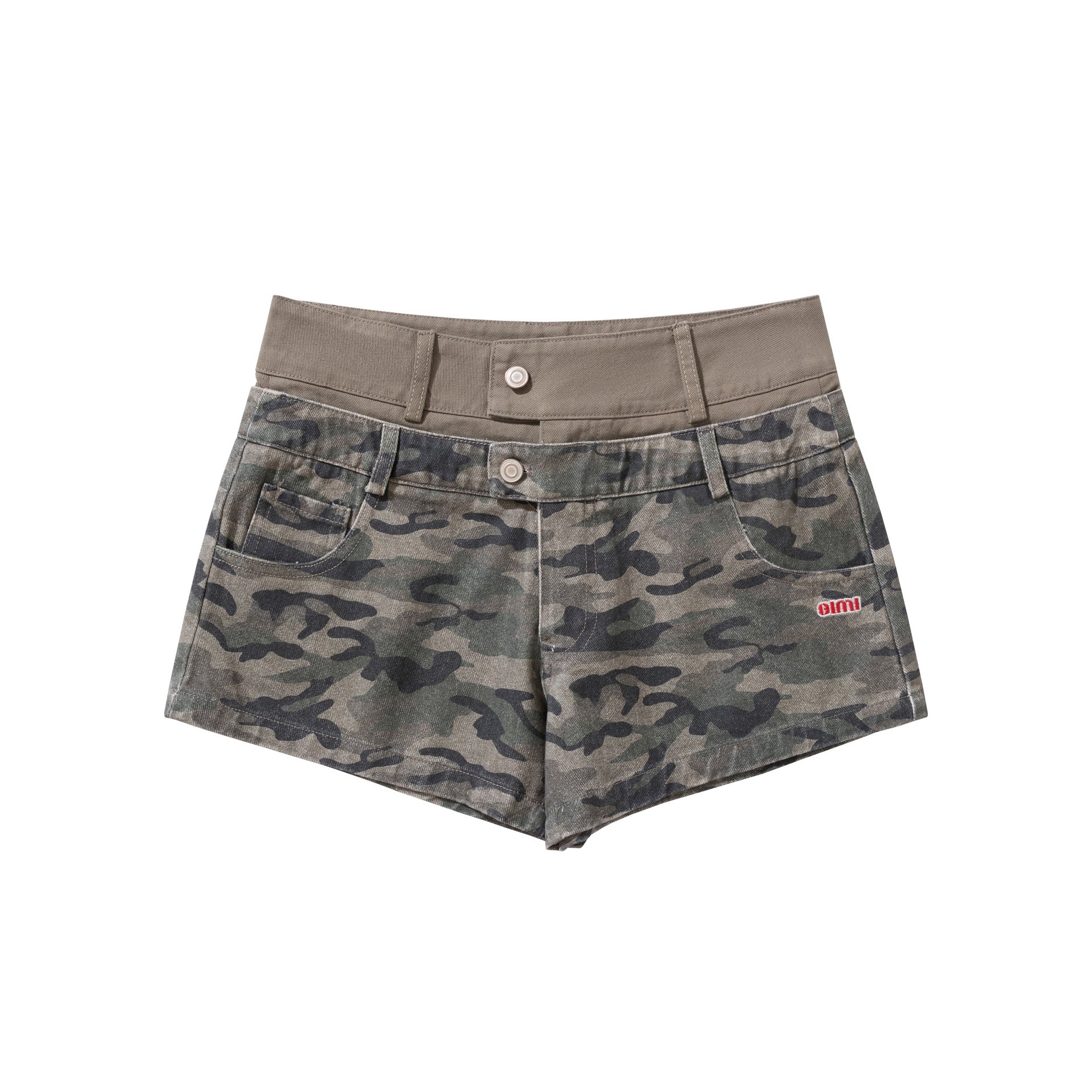 Camouflage double-layer waist low waisted denim shorts for women