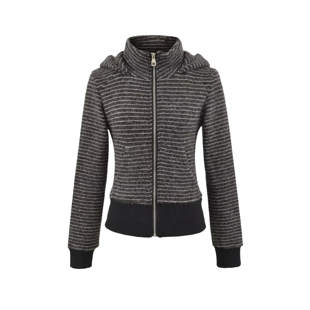 Retro Stripe Hooded Zip-Up Jacket for Women, Fuzzy Pocket, Stretchy Slim Fit Cardigan Top