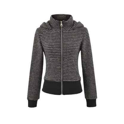 Retro Stripe Hooded Zip-Up Jacket for Women, Fuzzy Pocket, Stretchy Slim Fit Cardigan Top