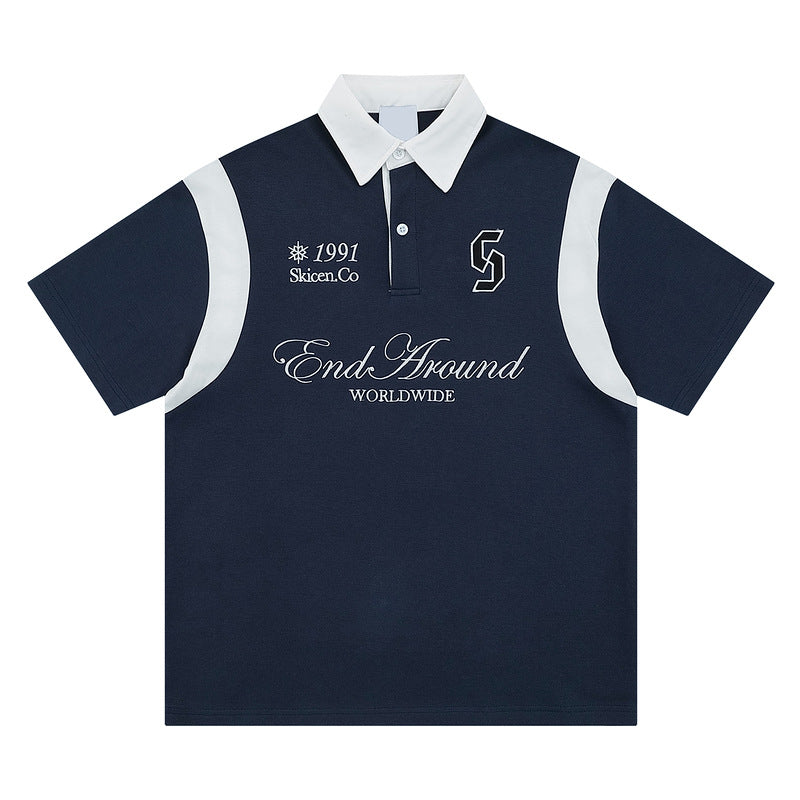 Retro Campus Color Block Short Sleeve Polo Shirt  Grid Breathable