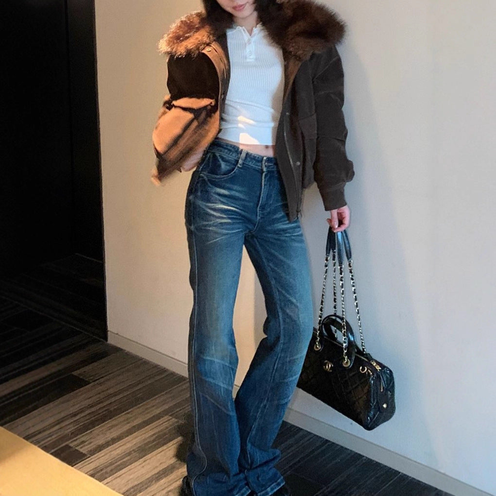Blue Cat Eye Pattern Low Waist Flared Slim Fit Casual Pants