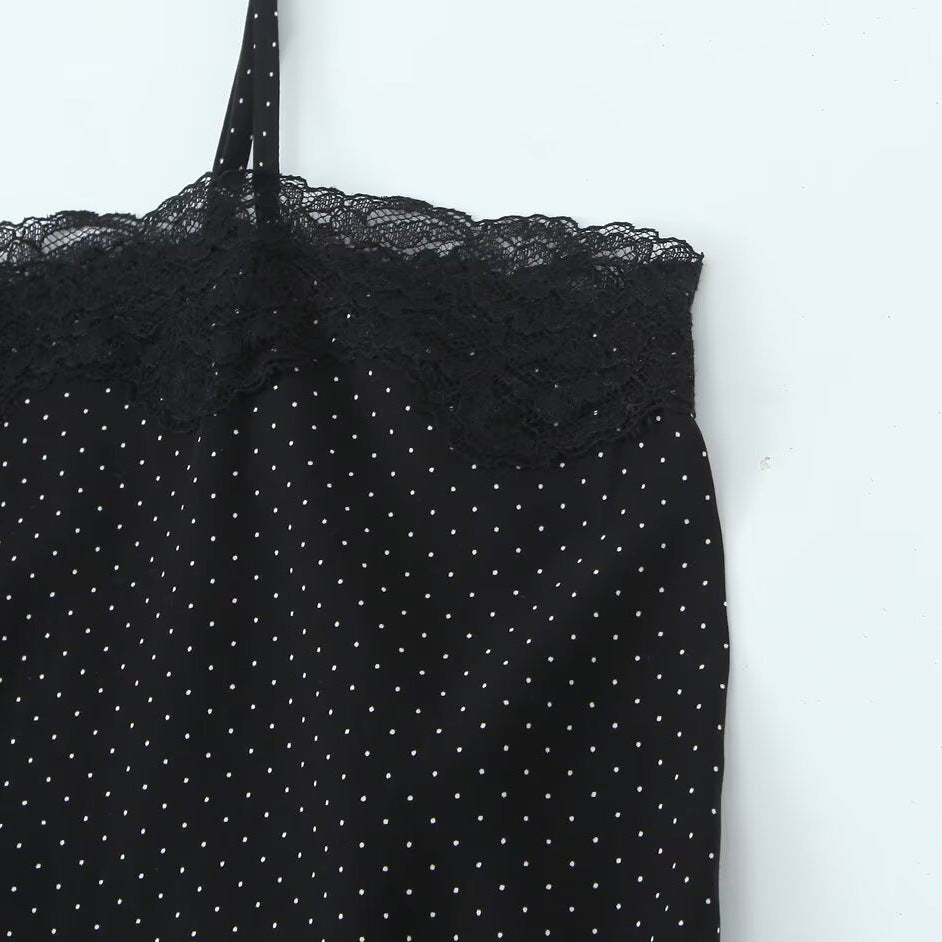 asymmetrical suspender top with polka dots