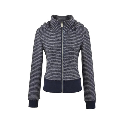 Retro Stripe Hooded Zip-Up Jacket for Women, Fuzzy Pocket, Stretchy Slim Fit Cardigan Top