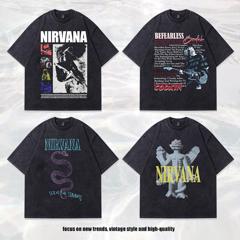 High Street Vintage Washed Retro Band Print Oversized Short Sleeve T-Shirt for Men and Women
