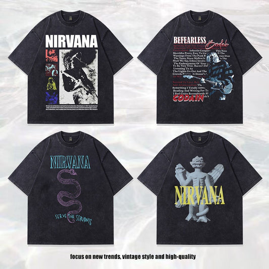 Camiseta de manga corta holgada con estampado retro de banda lavada High Street