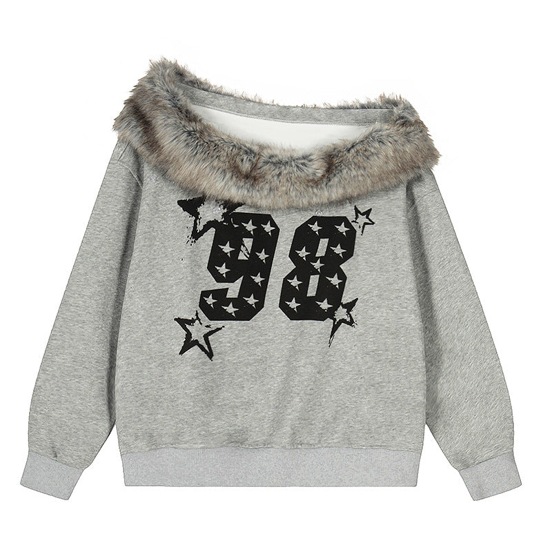 Digital Print Faux Fur Collar Shoulder Hoodie Casual Loose Oversized Short