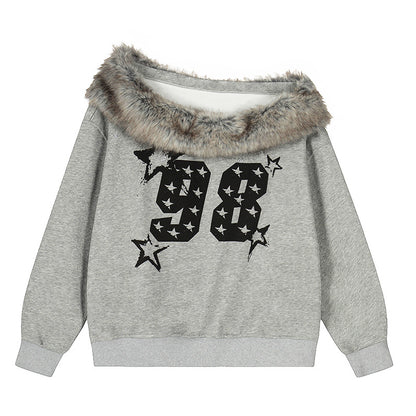 Digital Print Faux Fur Collar Shoulder Hoodie Casual Loose Oversized Short