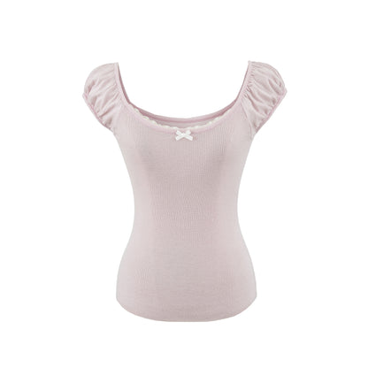 Butterfly Lace Knit T-Back Vest Women  Sweet Short Sleeve Off-Shoulder Top Slim Fit Cropped Babydoll Shirt