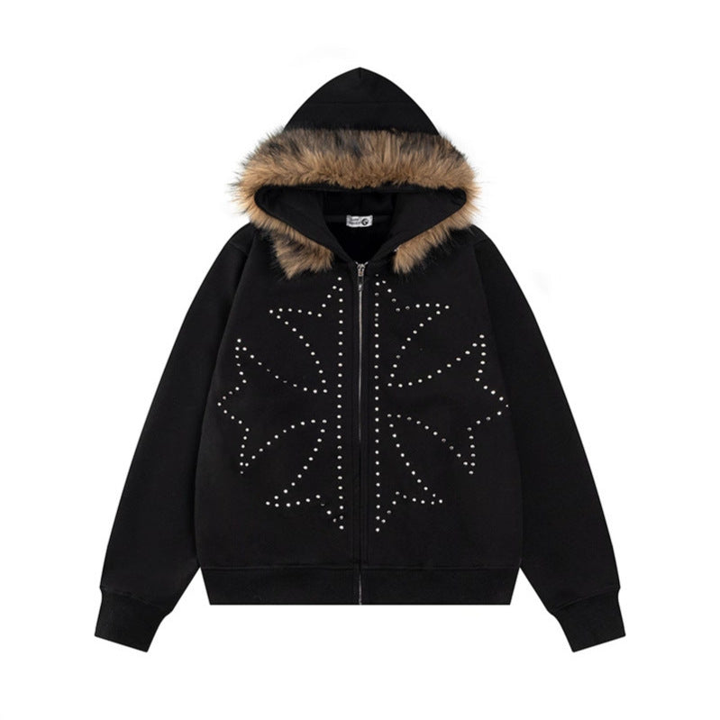 Rivet Fur Collar Hoodie Women's Retro Loose Casual Straight Shoulder Jacket