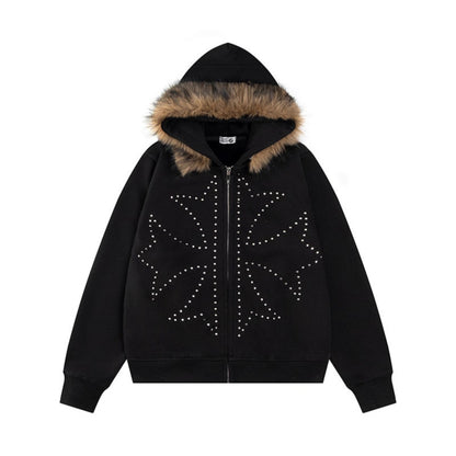 Rivet Fur Collar Hoodie Women's Retro Loose Casual Straight Shoulder Jacket