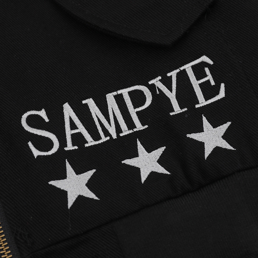 Letter Embroidery Detachable Fur Collar Hoodie  Deconstructed Design Loose Outerwear