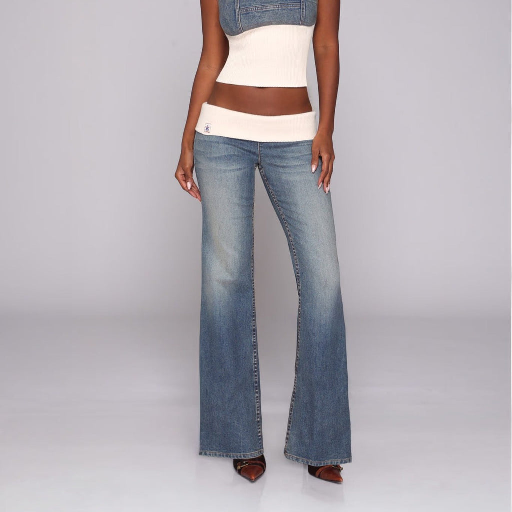 Low Waist Flared Jeans with Washed Denim and Patchwork Flip Waist Design, Casual Y2K Style Pants