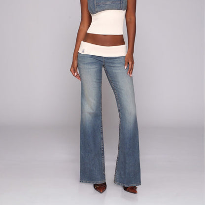 Vaqueros acampanados de tiro bajo con diseño de mezclilla lavada y pretina con parches, pantalones de estilo casual Y2K