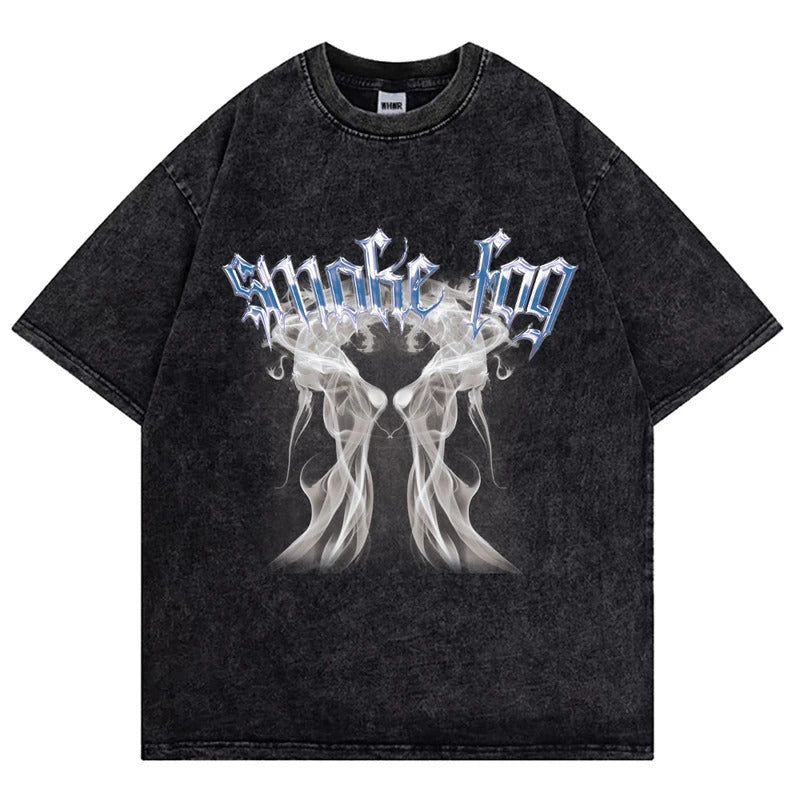 Streetwear Hip Hop Dark Gothic Print T-Shirt Summer Cotton Washed Vintage Distressed Short Sleeve Top