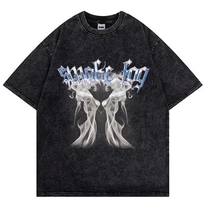 Camiseta Streetwear Hip Hop Estampado Gótico Oscuro Algodón Lavado Vintage Desgastado Manga Corta Top