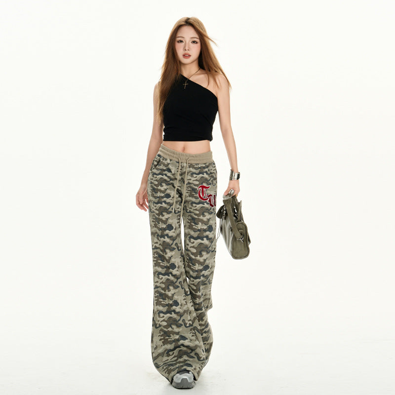 Pantalones de chándal acampanados de camuflaje para mujer, cintura baja, cordón ajustable, corte holgado, versátiles, a la moda, estilo trompeta