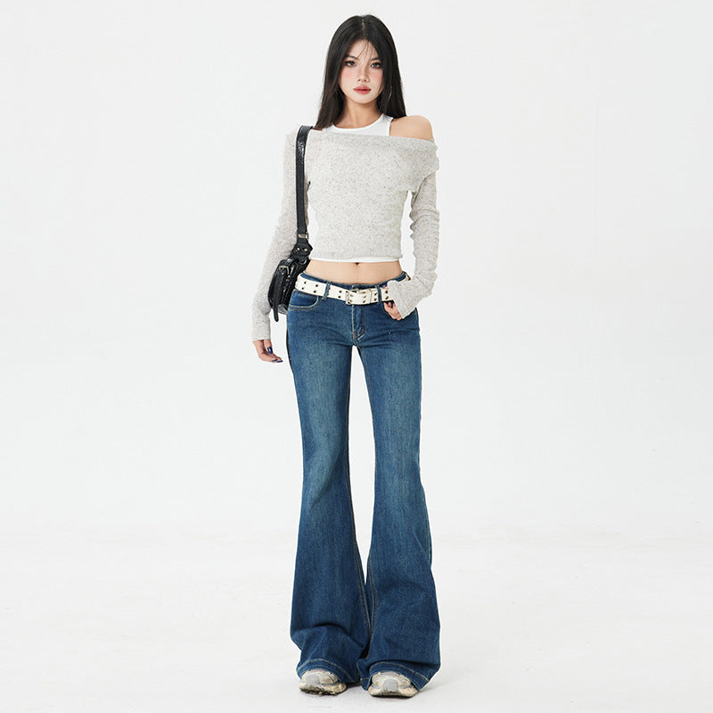 Retro Spicy Girl Flared Jeans Women Low Waist Slim Fit Elasticity Leggings Wide Leg Trumpet Pants