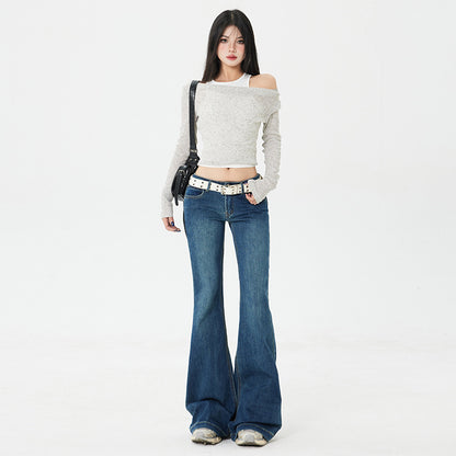 Vaqueros retro acampanados de mujer, tiro bajo, corte ajustado, elásticos, tipo leggings, pata ancha, trompeta