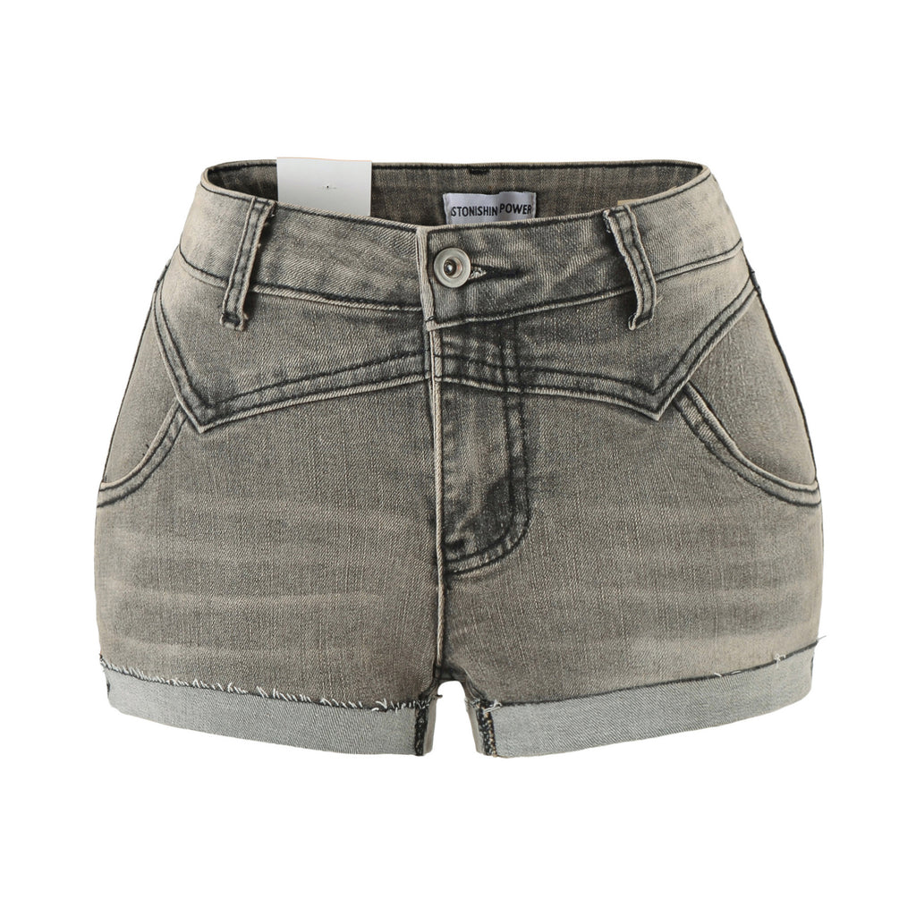 Double-Layer Cuffed Vintage Distressed Denim Shorts A-Line Low Waist Pants