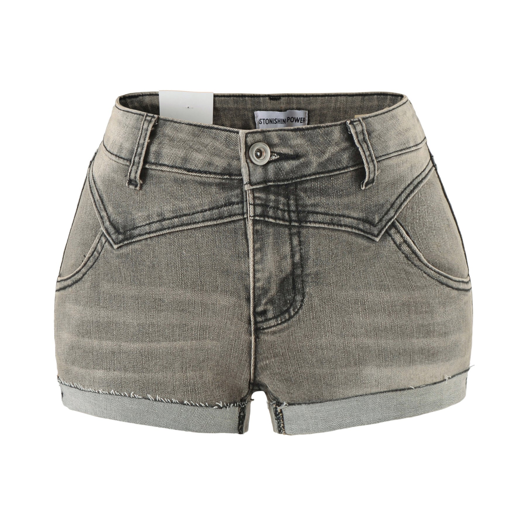 Double-Layer Cuffed Vintage Distressed Denim Shorts A-Line Low Waist Pants
