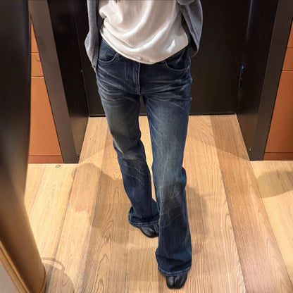 Pantalones casuales de cintura baja con estampado de ojo de gato azul acampanados de corte ajustado