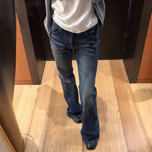 Blue Cat Eye Pattern Low Waist Flared Slim Fit Casual Pants