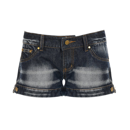 Pantalones Cortos de Jean Azul Lavado de Talle Bajo, Corte Slim, Mini Shorts Ajustados