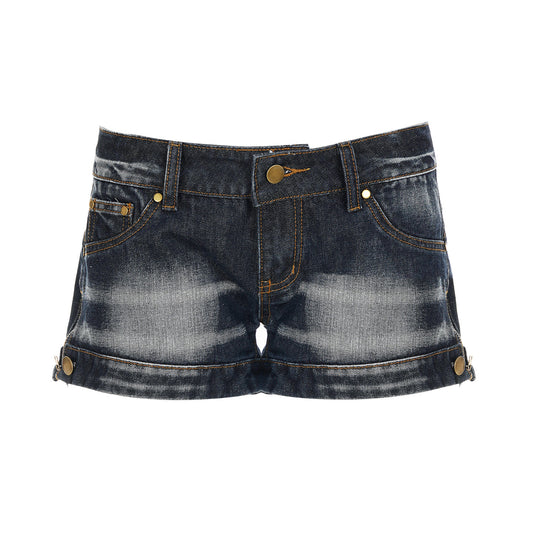 Pantalones Cortos de Jean Azul Lavado de Talle Bajo, Corte Slim, Mini Shorts Ajustados